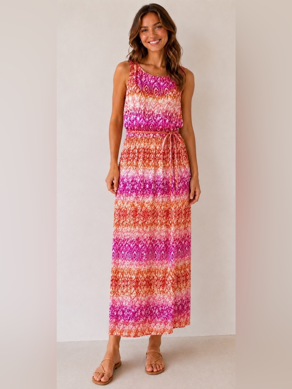 Lauren Ralph Lauren Pink, Orange, & White Paisley Geometric Dress, Tie Belt, XL